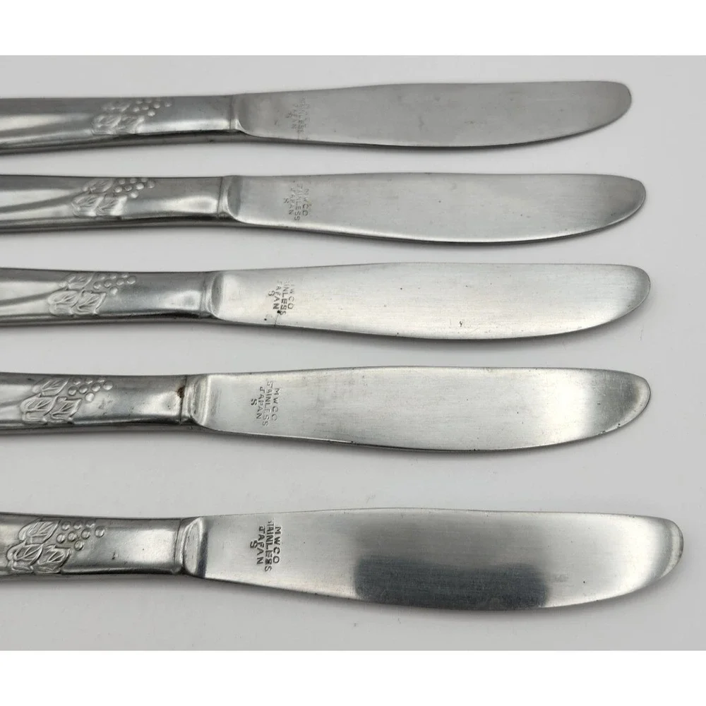 MWCO Dinner Knives Set 5 Silver Grape Vine Pattern Stainless Japan MCM Farmhouse